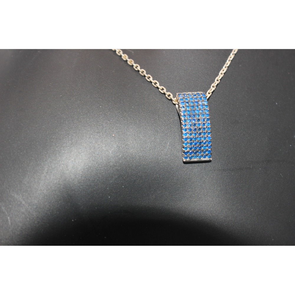 925 Sterling Silver Blue Gemstone Pave Rectangle Bar Pendant Necklace 21.5 Inch